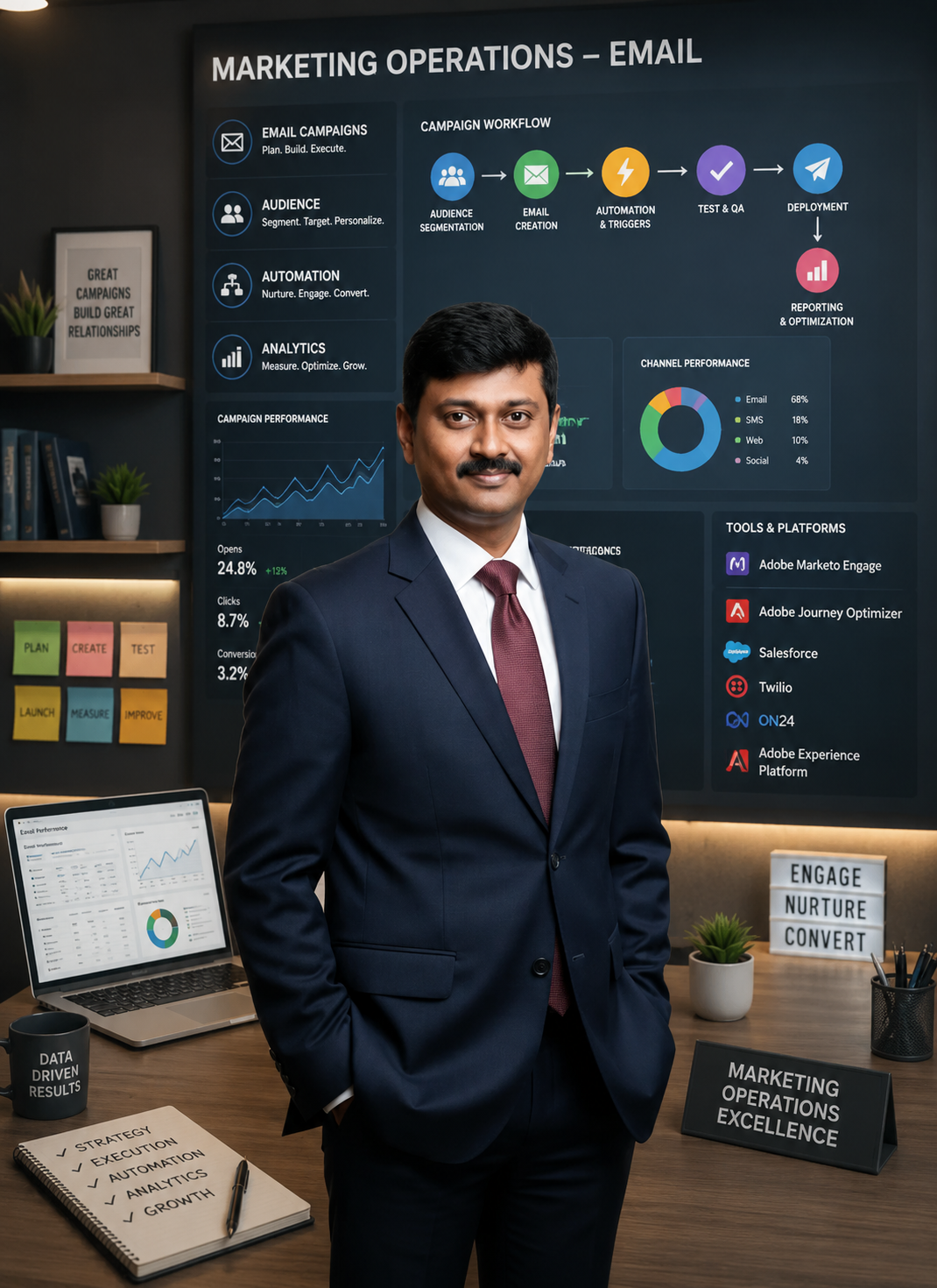 Sathish Srinivasan in front of a marketing operations dashboard showing campaign workflow, channel performance, and tools including Adobe Marketo Engage, Adobe Journey Optimizer, Salesforce, Twilio, and ON24
