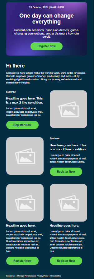 ServiceNow strategy email with hero banner and image grid layout